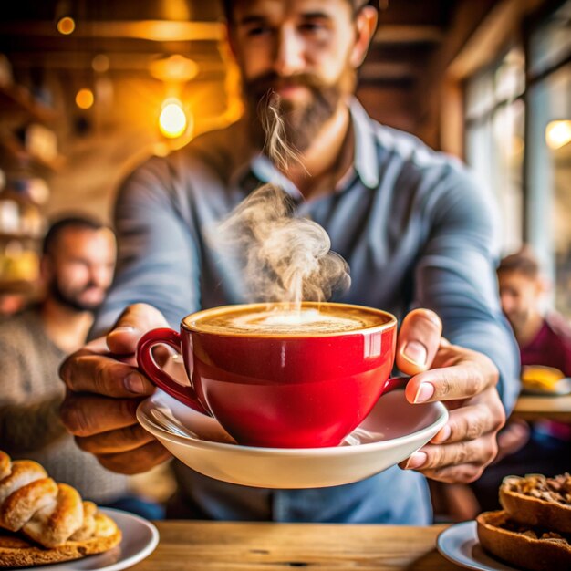 Red coffee cup with smoke in woman hand in coffee shop