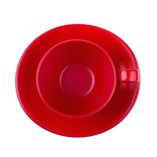 Red coffee mug and saucer isolated on white background