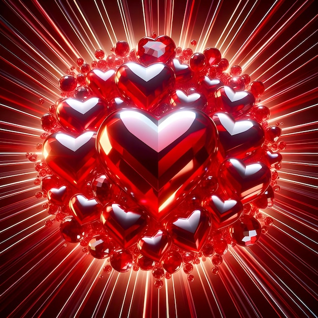 Red Color Shiny crystal love hearts on radial background