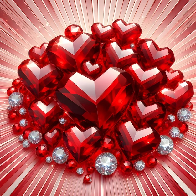 Red Color Shiny crystal love hearts on radial background