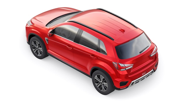 Red compact urban SUV on a white uniform background with a blank body for your design 3d rendering