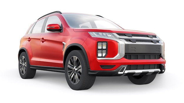 Red compact urban SUV on a white uniform background with a blank body for your design 3d rendering