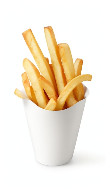 a red container of french fries with white Background