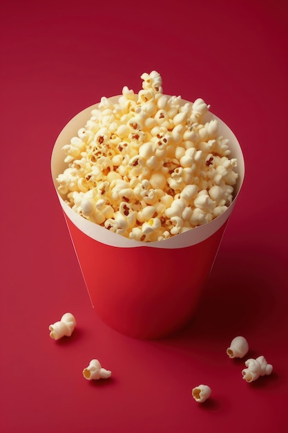 A red container of popcorn with a few small pieces of popcorn on the side.