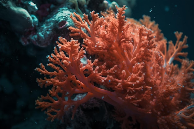 A red coral is in the dark