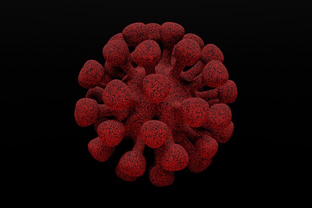 Red coronavirus COVID-19 under the microscope. 3d illustration concept coronavirus COVID-19.