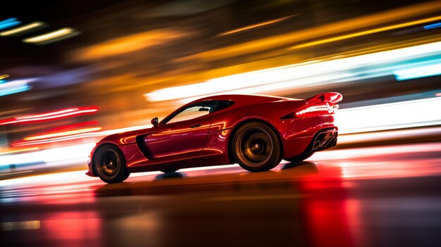 A red corvette is driving on a road at night.