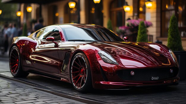 a red corvette is parked on a street with a red roof