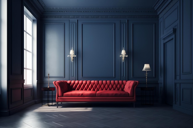 A red couch in a dark room with a lamp on the left side