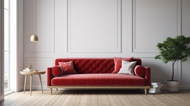 A red couch in a living room with a white wall behind it.