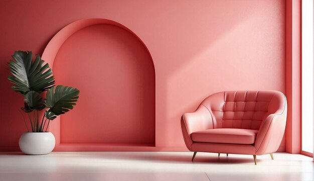 a red couch and a plant in a room with a potted plant