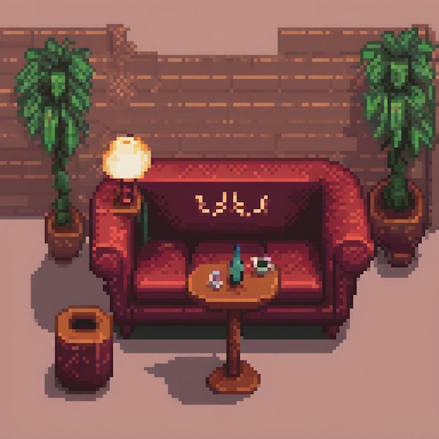 Photo red couch and table in pixel art living room