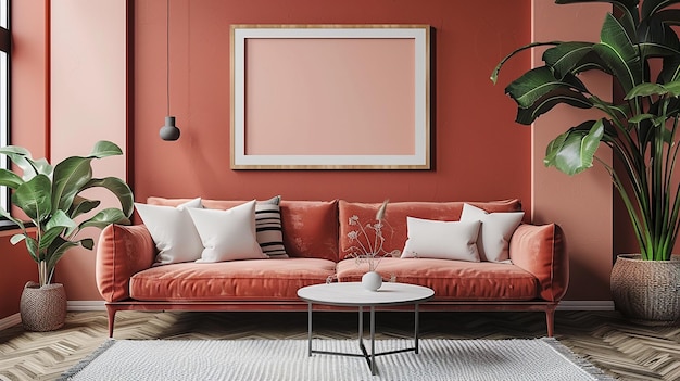 a red couch with a red couch and a green plant in the corner