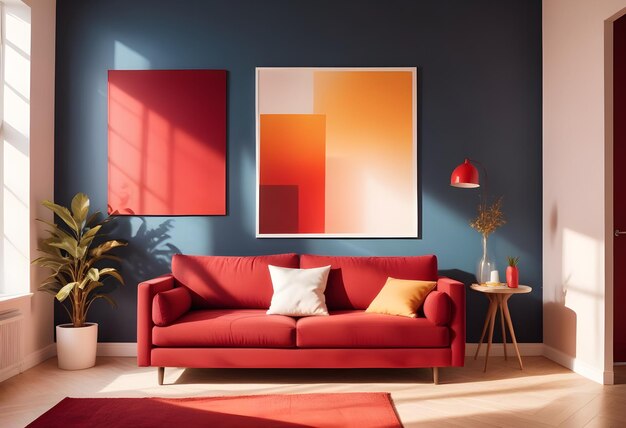 a red couch with a red sofa and a painting on the wall