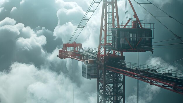 Photo a red crane is floating above a cloud filled sky