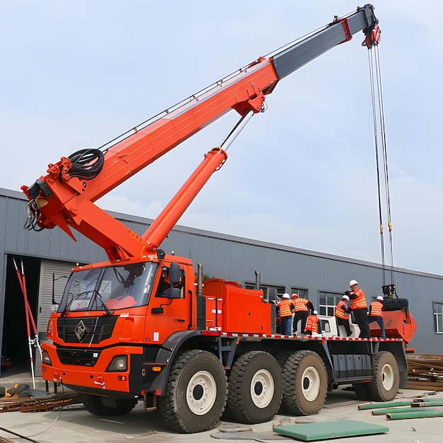 a red crane is lifting a piece of equipment from a building