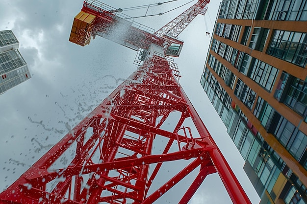 Photo a red crane with a building in the background and a building in the background