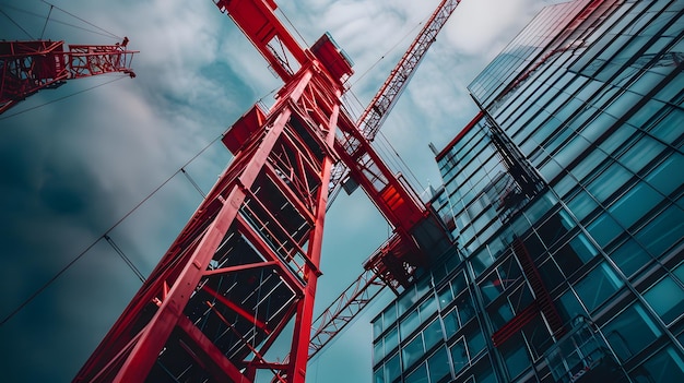 Photo a red crane with a building in the background and the word quot quot on the bottom