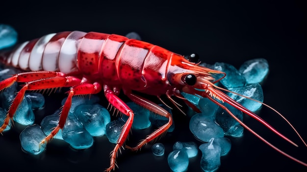 A red crayfish is covered in blue sea ice.