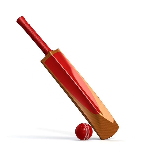 Red cricket ball and wooden bat isolated on white