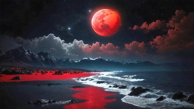 A Red Crimson Moon Over The Black Mountains Generative Ai Generated