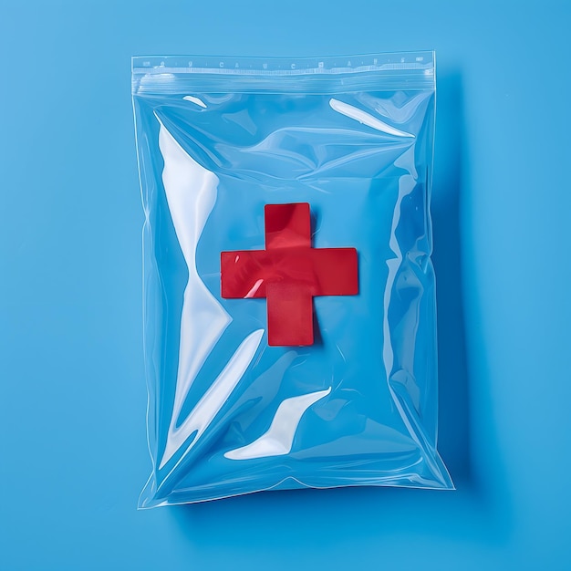 a red cross in a clear plastic bag on a blue background