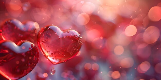 Red crystal hearts with water drops on a red blurred background