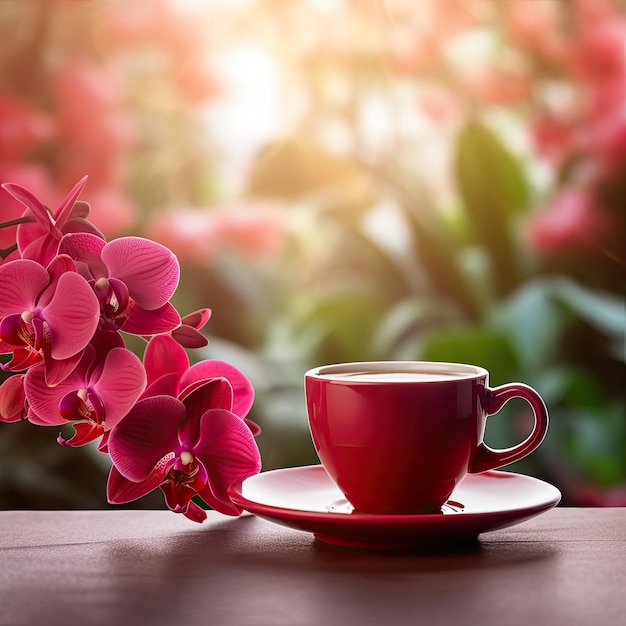 A red cup of coffee and a pink flower on a table