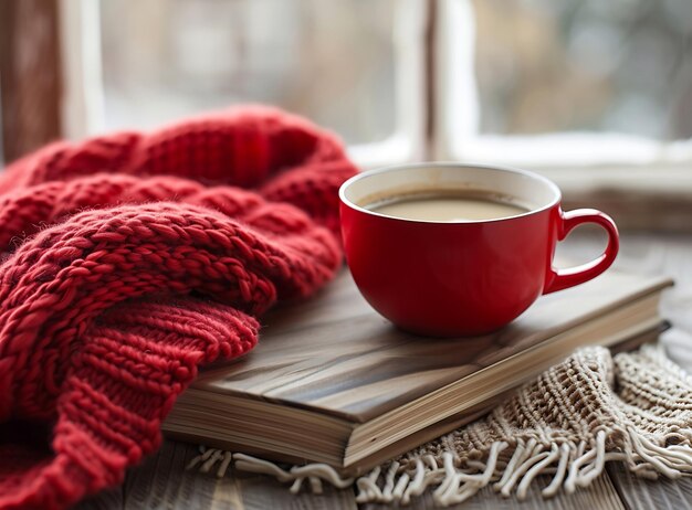 Photo a red cup of coffee sits on a book with a red knitted blanket