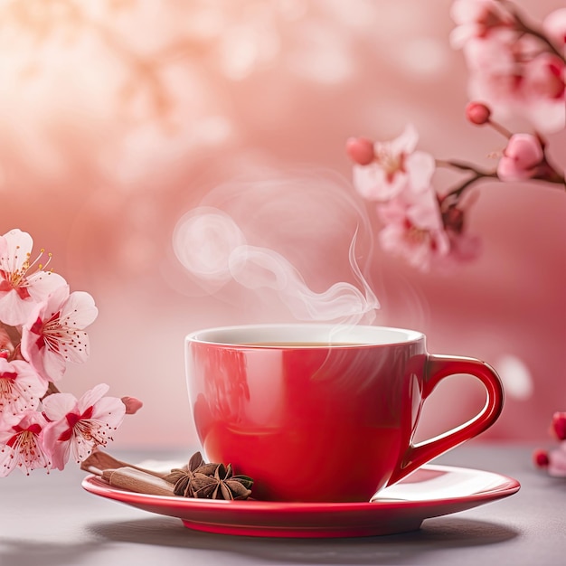 A red cup of coffee with a pink background and a branch of cherry blossoms in the background.