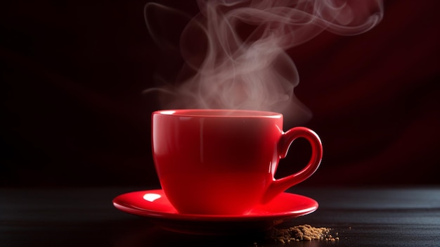 A red cup of coffee with steam rising from the top.