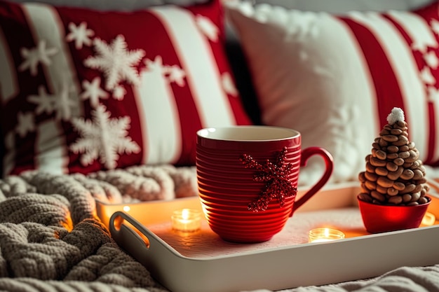 Red cup for the new year or Christmas on a white tray in a bed with red and white lights