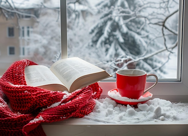 a red cup and a red cup of coffee on a window sill