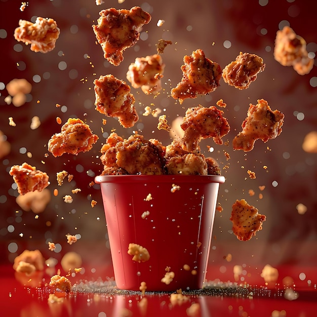 A red cup sits on top of a table filled with an assortment of fried food