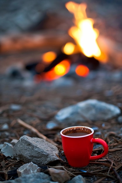 a red cup of tea sits on a rocky ground next to a fire