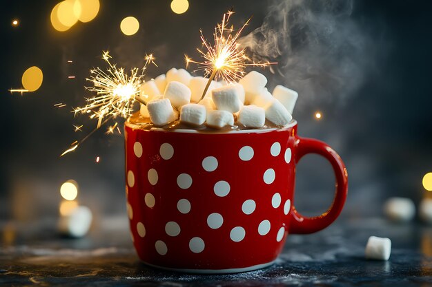 a red cup with marshmallows and sparklers in it