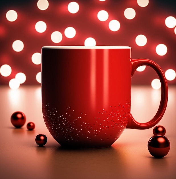 A red cup with a red handle sits on a table with lights in the background.