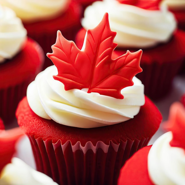 A red cupcake with a maple leaf on top.