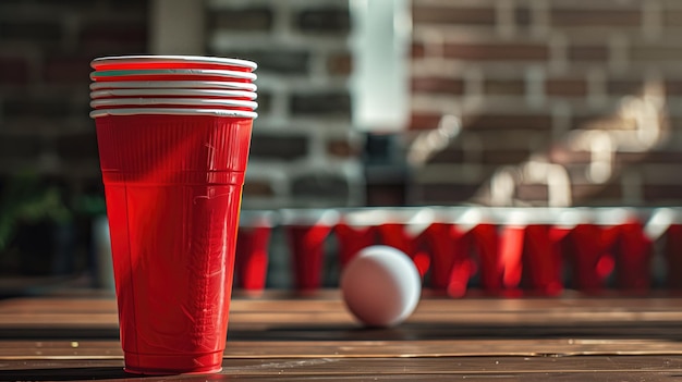 Red cups and ball set for beer pong on a wooden table