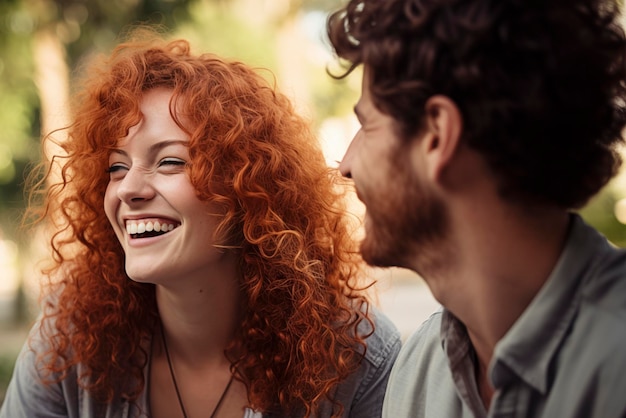 Red curly haired girl laughs sitting on a bench near attractive guy Spring afternoon with chat and laughter