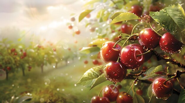 Red currants on the bush branches at sunset in the garden Trees with Red Ripe Fruit in the garden