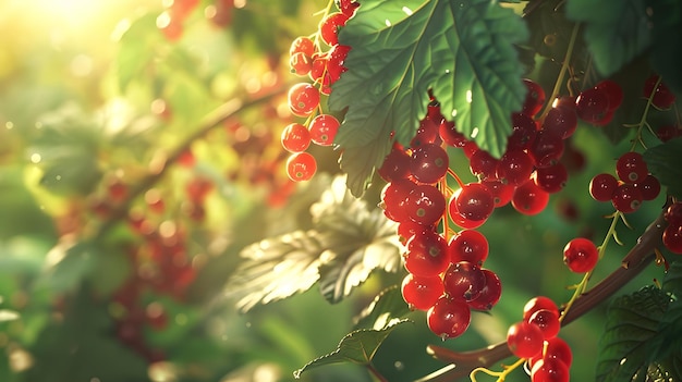 Red currants on the bush branches at sunset in the garden Trees with Red Ripe Fruit in the garden