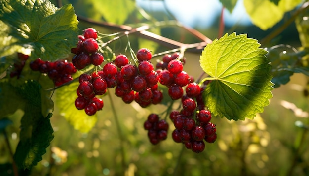 Red currants on a vine with green leaves