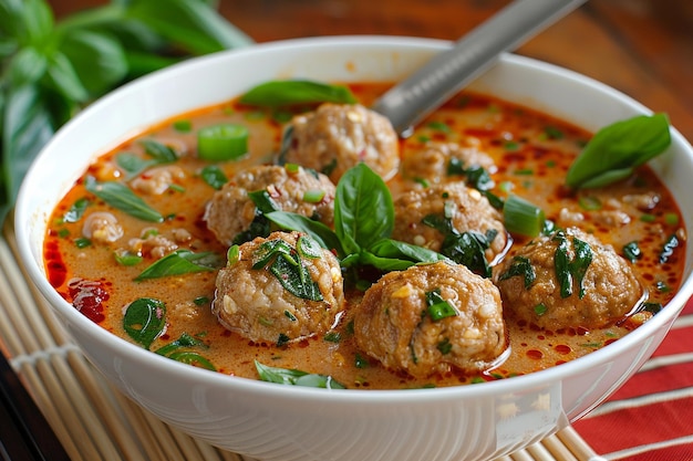 Red curry meatballs with chili and scallions in a bowl