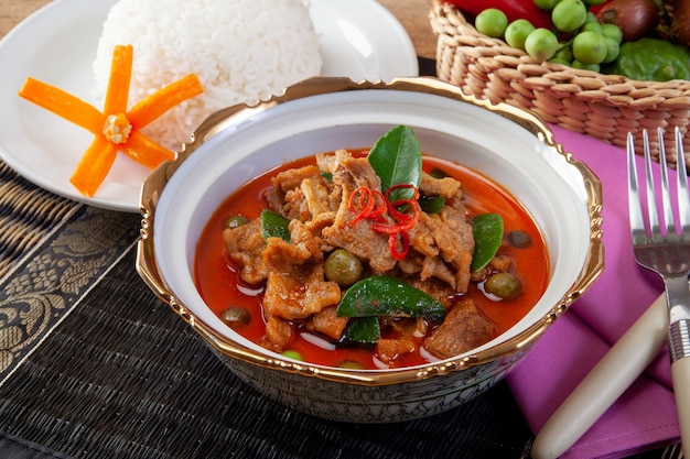 Red curry with pork and rice (Panaeng), Thai food