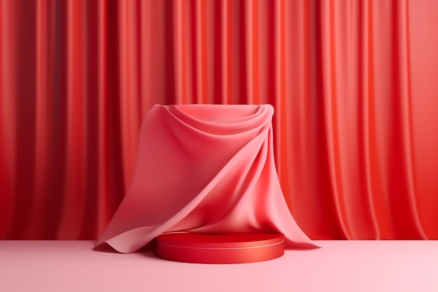 A red curtain with a large red cloth that says'red'on it