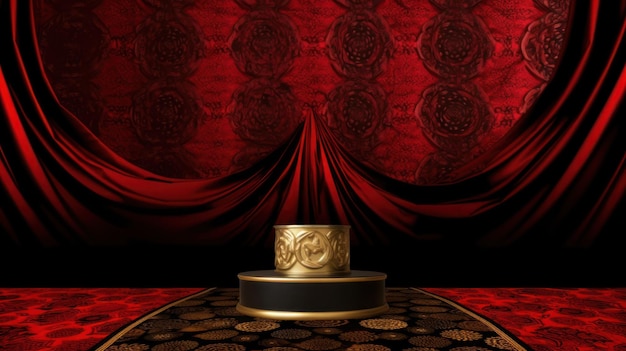 A red curtain with the word om on it