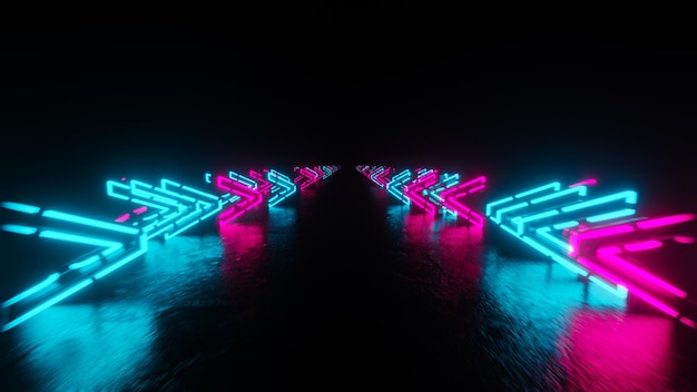 Red cyan neon background with glowing gradient arrows showing forward direction 3D rendering