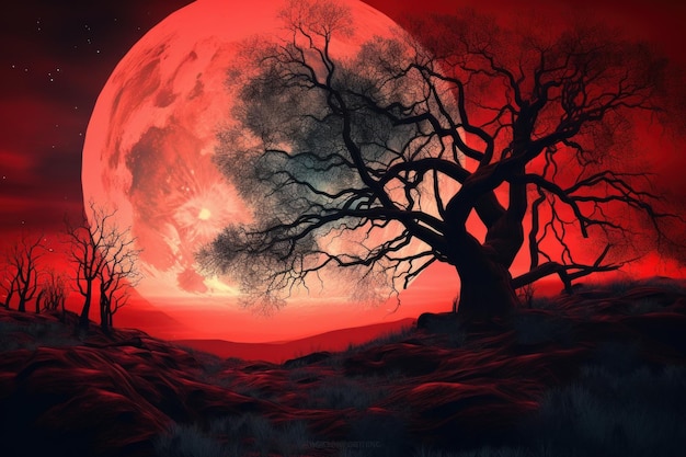 Red dead tree moon Generate Ai