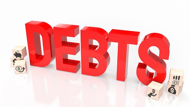 The red debts text on white background 3d rendering